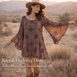 Karma Highway Boho Mini Dress Flare Sleeve Festival One Size